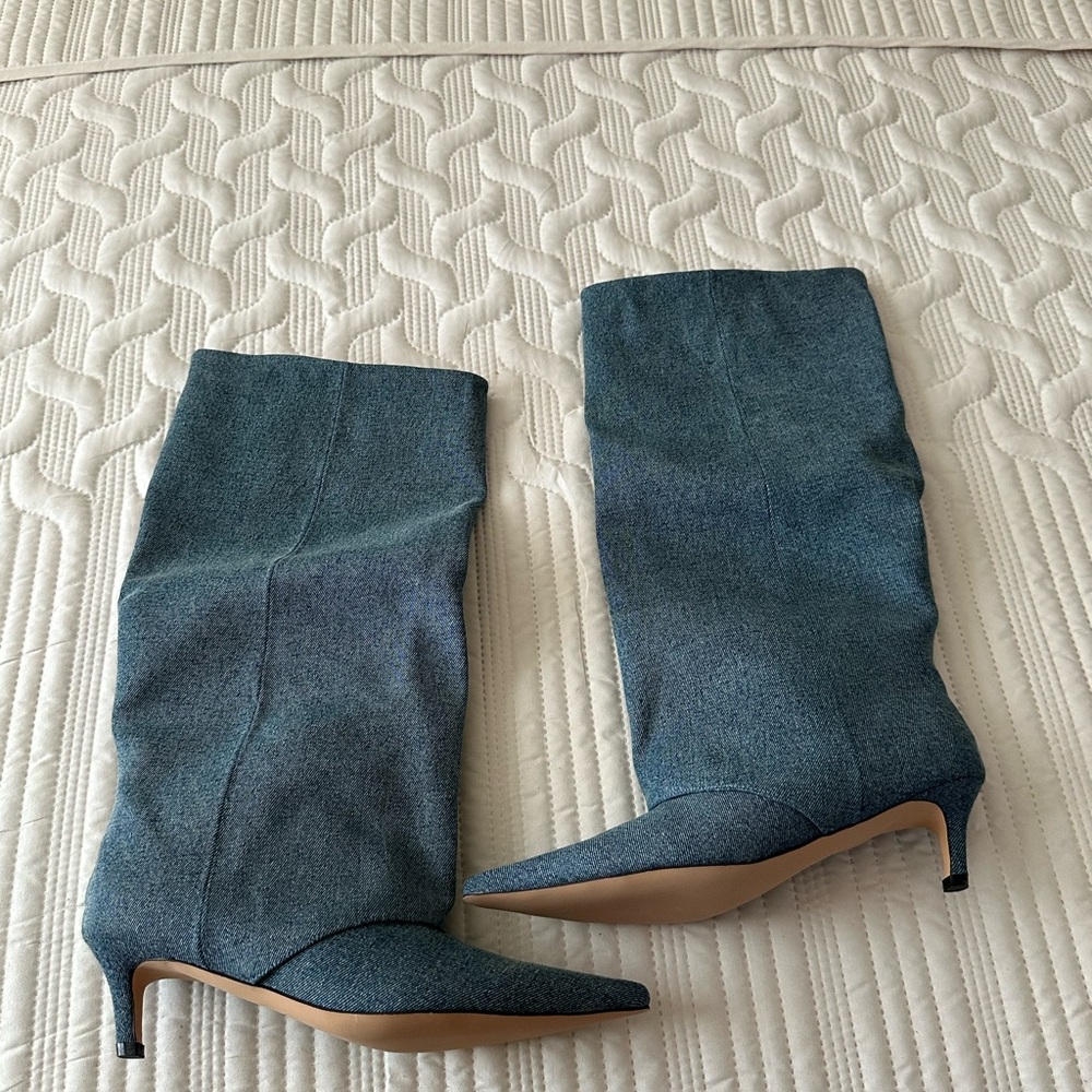 New- Women's Denim-Look Pointed Toe Ankle Boots - Slate Blue